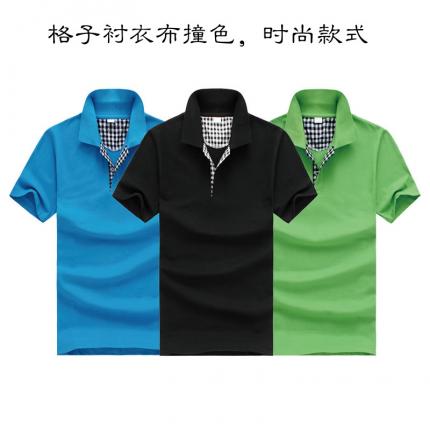 格子布撞色時(shí)尚T恤衫款式定制，男女款式